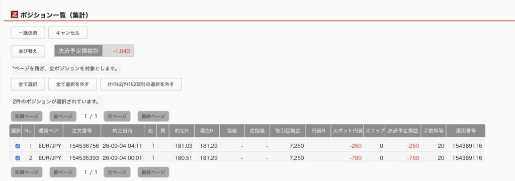 2026年9月4
日6時ごろの運用しているユーロ円自動売買システム(50)の未決済ポジション一覧。未決済ポジションの内訳が正確にわかるスクリーンショット
