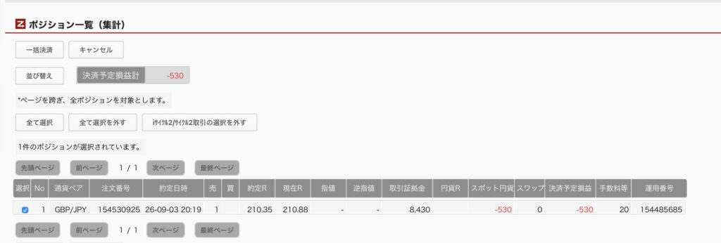 2026年9月4日6時ごろの運用しているポンド円自動売買システム(50)の未決済ポジション一覧。未決済ポジションの内訳が正確にわかるスクリーンショット
