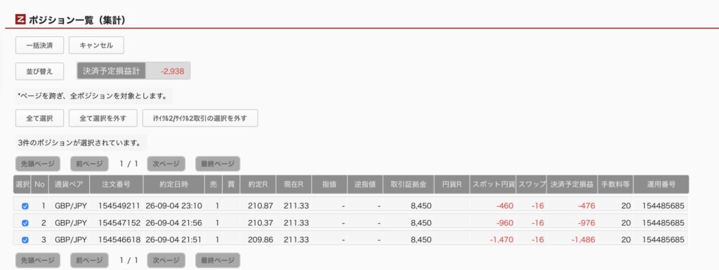 2026年9月5日6時ごろの運用しているポンド円自動売買システム(50)の未決済ポジション一覧。未決済ポジションの内訳が正確にわかるスクリーンショット
