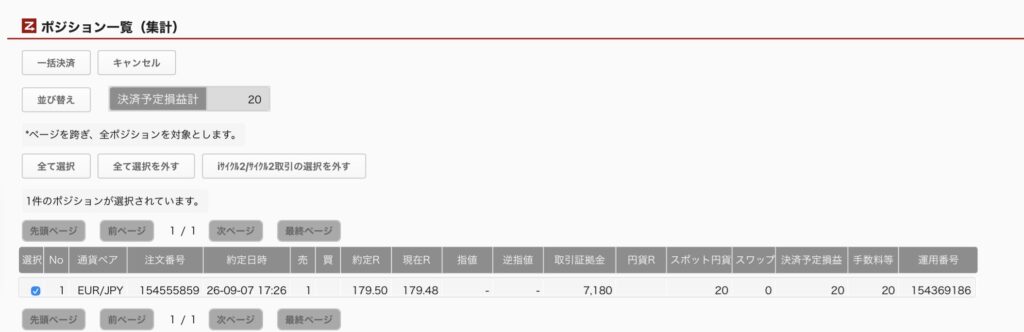 2026年9月8日6時ごろの運用しているユーロ円自動売買システム(30)の未決済ポジション一覧。未決済ポジションの内訳が正確にわかるスクリーンショット

