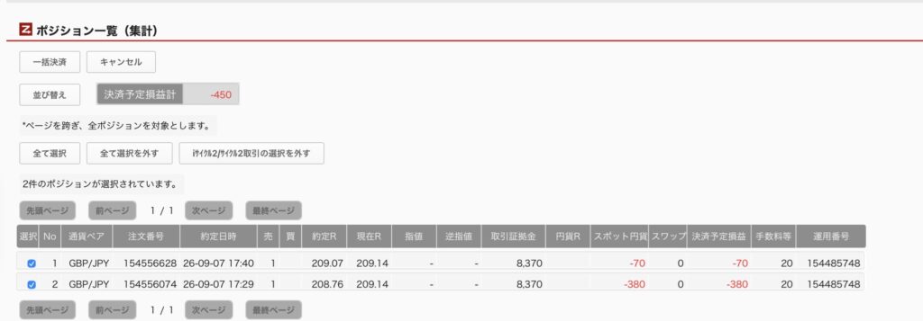2026年9月8日6時ごろの運用しているポンド円自動売買システム(30)の未決済ポジション一覧。未決済ポジションの内訳が正確にわかるスクリーンショット
