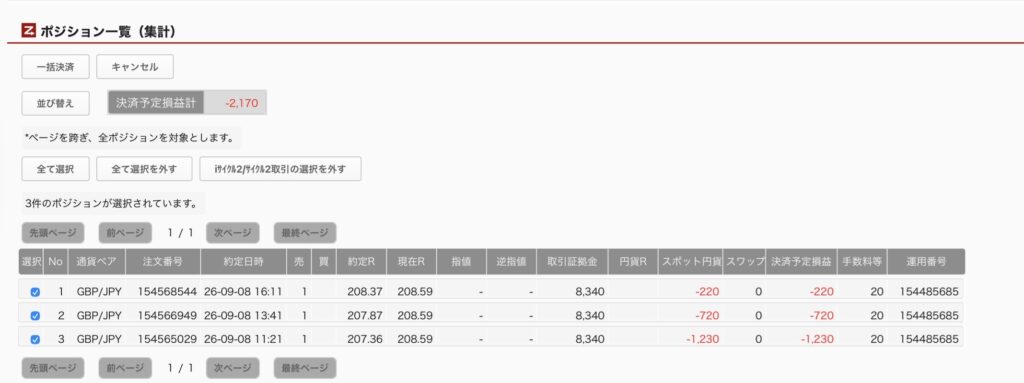 2026年9月9日6時ごろの運用しているポンド円自動売買システム(50)の未決済ポジション一覧。未決済ポジションの内訳が正確にわかるスクリーンショット
