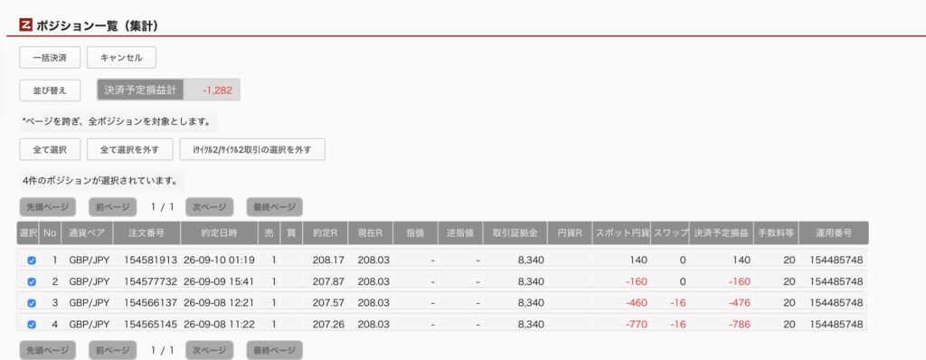 2026年9月10日6時ごろの運用しているポンド円自動売買システム(30)の未決済ポジション一覧。未決済ポジションの内訳が正確にわかるスクリーンショット
