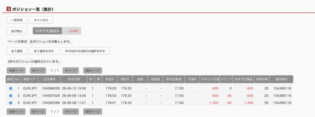 2026年9月11日6時ごろの運用しているユーロ円自動売買システム(50)の未決済ポジション一覧。未決済ポジションの内訳が正確にわかるスクリーンショット
