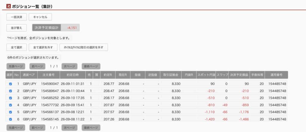 2026年9月11日6時ごろの運用しているポンド円自動売買システム(30)の未決済ポジション一覧。未決済ポジションの内訳が正確にわかるスクリーンショット

