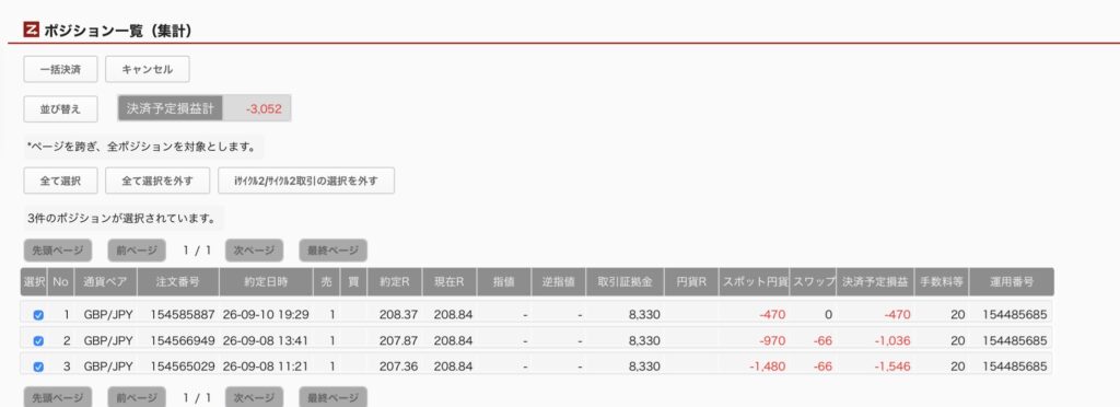 2026年9月11日6時ごろの運用しているポンド円自動売買システム(50)の未決済ポジション一覧。未決済ポジションの内訳が正確にわかるスクリーンショット
