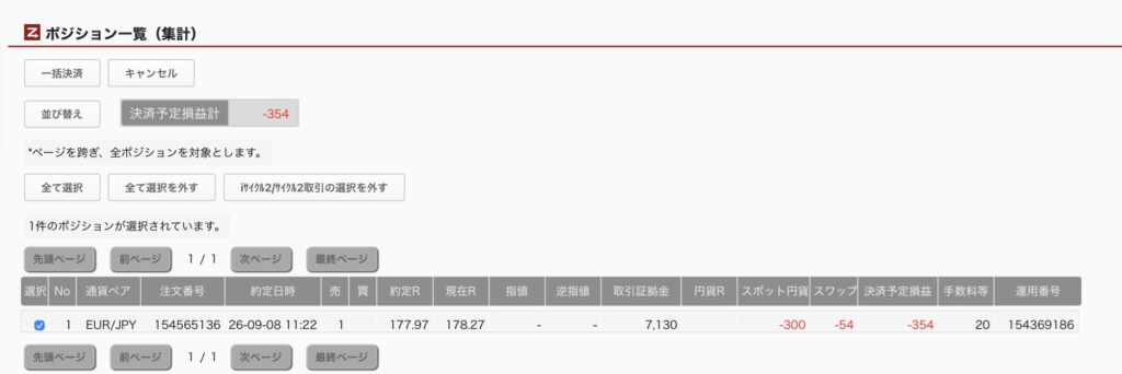 2026年9月15日6時ごろの運用しているユーロ円自動売買システム(30)の未決済ポジション一覧。未決済ポジションの内訳が正確にわかるスクリーンショット
