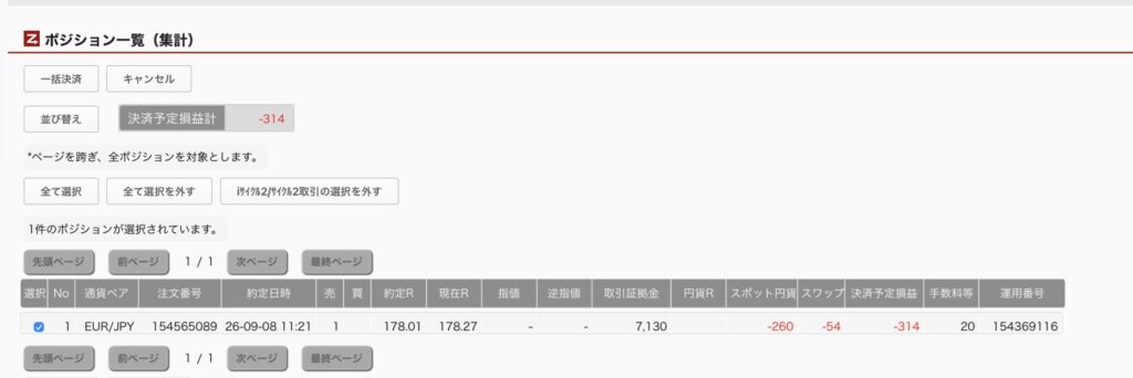 2026年9月15日6時ごろの運用しているユーロ円自動売買システム(50)の未決済ポジション一覧。未決済ポジションの内訳が正確にわかるスクリーンショット
