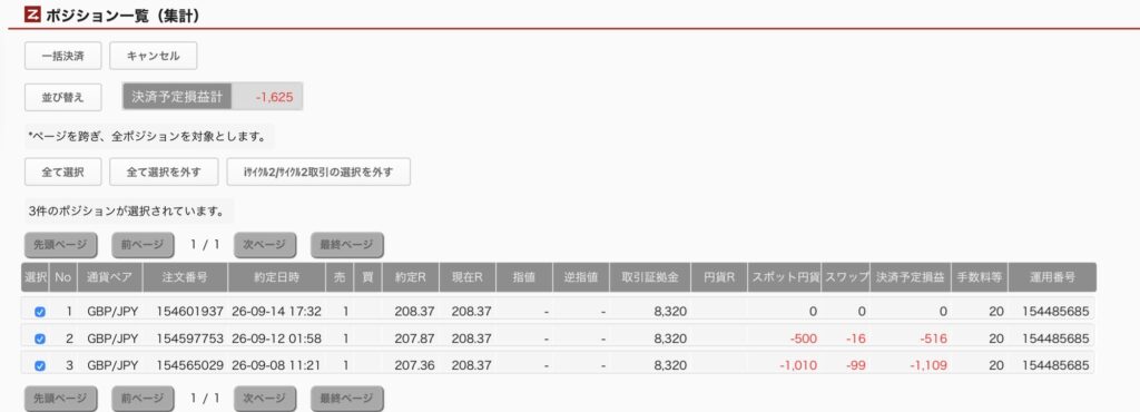 2026年9月15日6時ごろの運用しているポンド円自動売買システム(50)の未決済ポジション一覧。未決済ポジションの内訳が正確にわかるスクリーンショット
