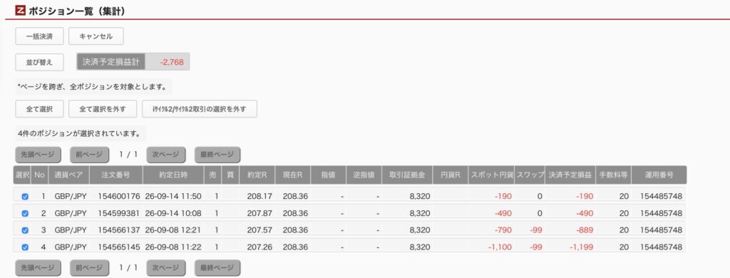 2026年9月15日6時ごろの運用しているポンド円自動売買システム(30)の未決済ポジション一覧。未決済ポジションの内訳が正確にわかるスクリーンショット
