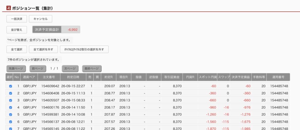 2026年9月16日6時ごろの運用しているポンド円自動売買システム(30)の未決済ポジション一覧。未決済ポジションの内訳が正確にわかるスクリーンショット
