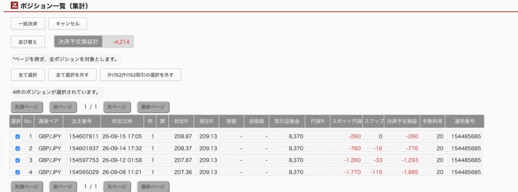 2026年9月16日6時ごろの運用しているポンド円自動売買システム(50)の未決済ポジション一覧。未決済ポジションの内訳が正確にわかるスクリーンショット
