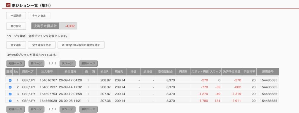 2026年9月17日6時ごろの運用しているポンド円自動売買システム(50)の未決済ポジション一覧。未決済ポジションの内訳が正確にわかるスクリーンショット
