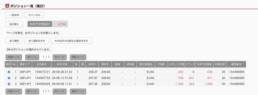 2026年9月29日6時ごろの運用しているポンド円自動売買システム(50)の未決済ポジション一覧。未決済ポジションの内訳が正確にわかるスクリーンショット