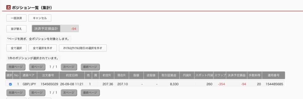 2026年9月30日11時ごろの運用しているポンド円自動売買システム(50)の未決済ポジション一覧。未決済ポジションの内訳が正確にわかるスクリーンショット
