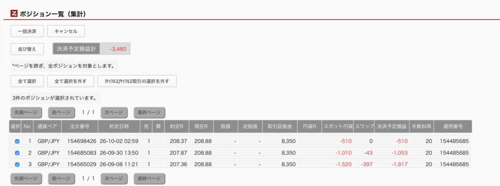 2026年10月2日6時ごろの運用しているポンド円自動売買システム(50)の未決済ポジション一覧。未決済ポジションの内訳が正確にわかるスクリーンショット
