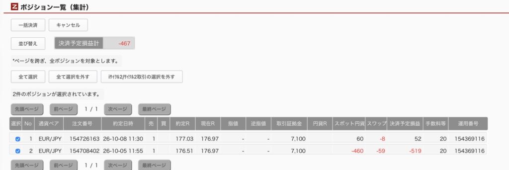 2026年10月13日6時ごろの運用しているユーロ円自動売買システム(50)の未決済ポジション一覧。未決済ポジションの内訳が正確にわかるスクリーンショット
