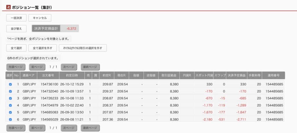 2026年10月13日6時ごろの運用しているポンド円自動売買システム(50)の未決済ポジション一覧。未決済ポジションの内訳が正確にわかるスクリーンショット
