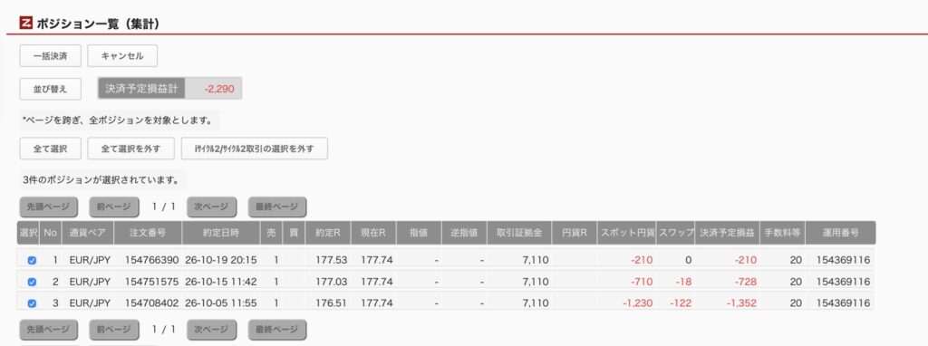 2026年10月20日6時ごろの運用しているユーロ円自動売買システム(50)の未決済ポジション一覧。未決済ポジションの内訳が正確にわかるスクリーンショット