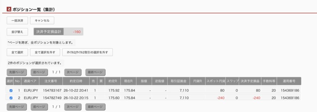 2026年10月23日6時ごろの運用しているユーロ円自動売買システム(30)の未決済ポジション一覧。未決済ポジションの内訳が正確にわかるスクリーンショット
