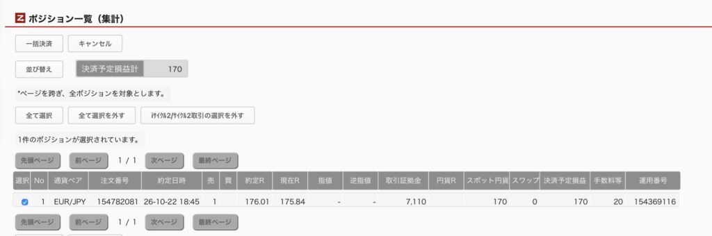 2026年10月23日6時ごろの運用しているユーロ円自動売買システム(50)の未決済ポジション一覧。未決済ポジションの内訳が正確にわかるスクリーンショット
