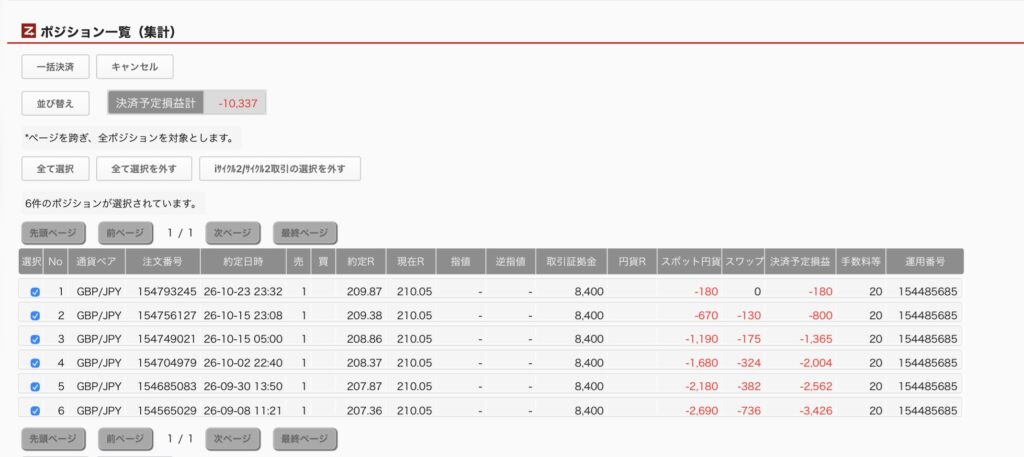 2026年10月24日6時ごろの運用しているポンド円自動売買システム(50)の未決済ポジション一覧。未決済ポジションの内訳が正確にわかるスクリーンショット

